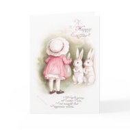 Perky White Easter Bunnies and Girl in Pink Dress card