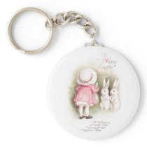 Perky White Easter Bunnies and Girl in Pink Dress Key Chains