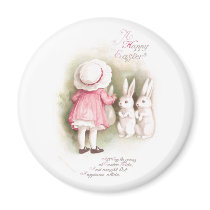 Perky White Easter Bunnies and Girl in Pink Dress Fridge Magnet