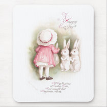 Perky White Easter Bunnies and Girl in Pink Dress Mouse Pads