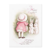 Perky White Easter Bunnies and Girl in Pink Dress Post Cards