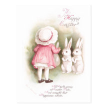 Perky White Easter Bunnies and Girl in Pink Dress Post Cards