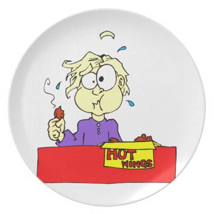 Person eating hot wings cartoon HOT Dinner Plate