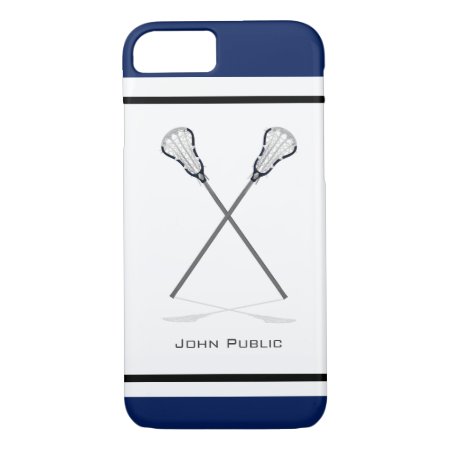 This iPhone 7 Case features a pair of lacrosse sticks crossed on the case. Black, white and blue bands are across the top and bottom. Personalize with your name and message.