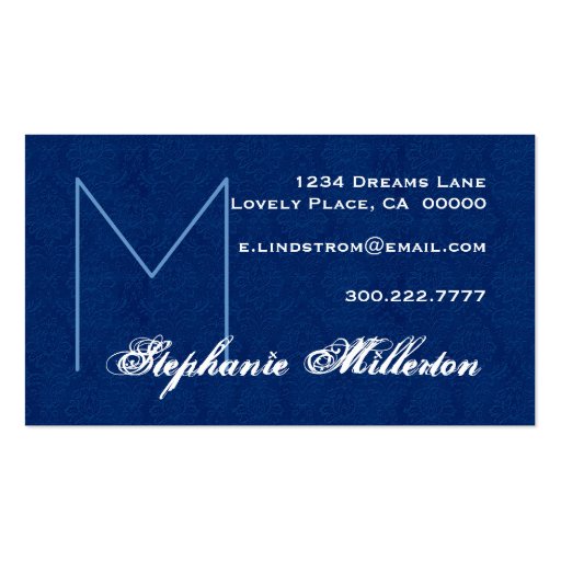 Personal Midight Blue Monogram and Damask Business Card Template
