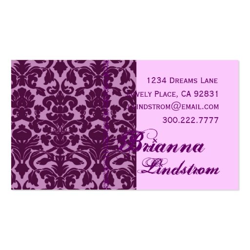 Personal PURPLE and PINK Damask Business Card (front side)