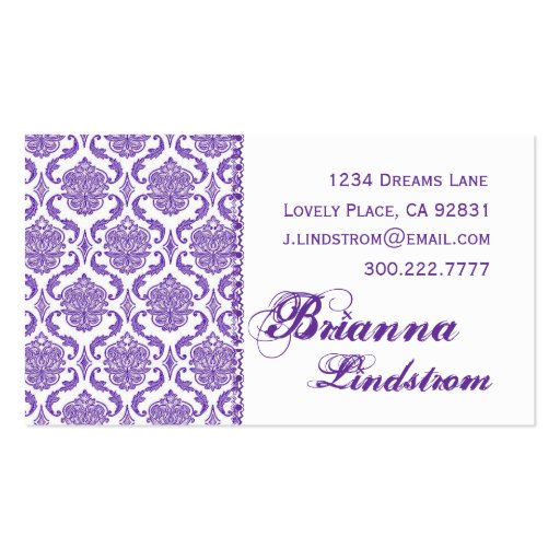Personal Purple and White Damask Business Card (front side)