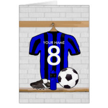 Personalised Black and blue football soccer Jersey Greeting Card