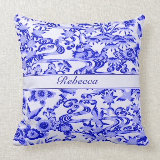Personalised Blue oriental Bird and leaves pattern Pillows