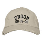 distressed_unstructured_adjustable_cap - Grooms, celebrate your wedding with this customizable embroidered cap that reads, "Groom" in collegiate style letters. Underneath, you add your wedding date for a personalized memento of your wedding. Great to wear during your engagement or at bachelor party. Several hat styles and colors available.