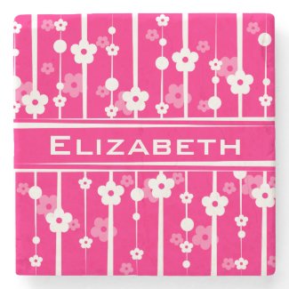 Personalize Beautiful Pink Flowers Lines Monogram Stone Beverage Coaster