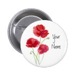 Personalize - Custom -Red Poppies - Watercolor Pinback Buttons