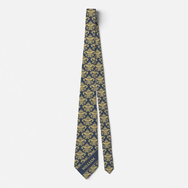 Personalize Gold Blue Vintage Damask Monogram Name Tie