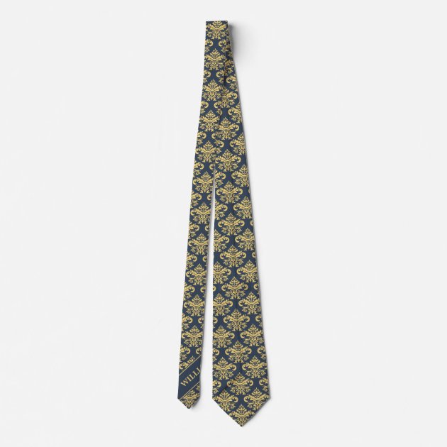 Personalize Gold Blue Vintage Damask Monogram Name Tie-2