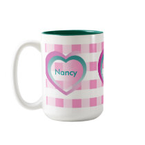 Personalize Kids Names Pink Gingham Hearts Mug by PetitPied Personalize Kids Names Pink Gingham Hearts Mug