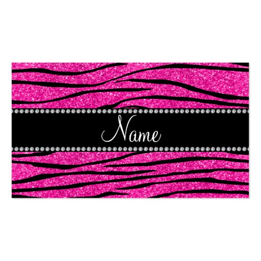 Personalize name neon hot pink glitter zebra strip business card (front side)