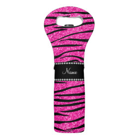 Personalize name neon hot pink glitter zebra wine bags