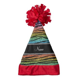 Personalize name rainbow glitter zebra stripes santa hat