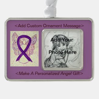 Personalize Purple Awareness Ribbon Angel Ornament Silver Plated Framed Ornament