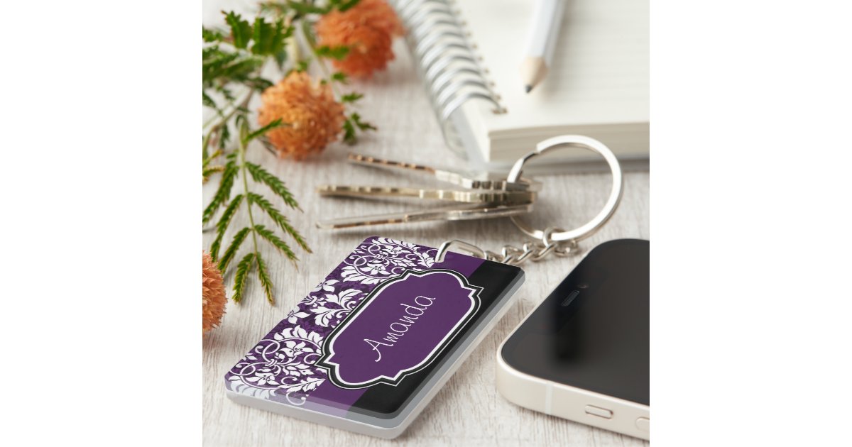 Personalize Purple Damask Keychain Zazzle