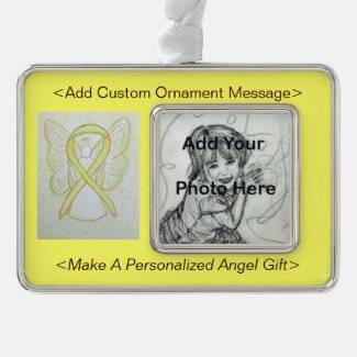 Personalize Yellow Awareness Ribbon Angel Ornament Silver Plated Framed Ornament
