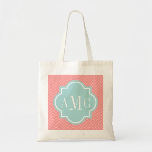 Personalized 3 letter monogram coral teal tote bag bags