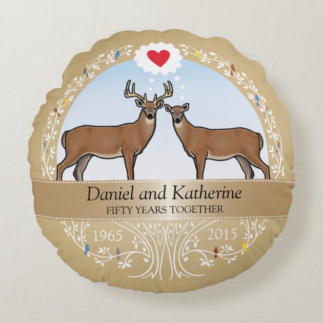 Personalized 50th Wedding Anniversary, Buck & Doe Round Pillow-0