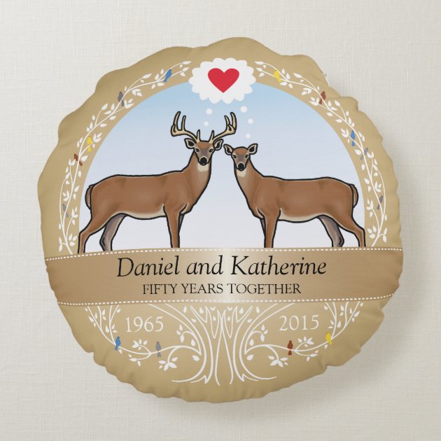 Personalized 50th Wedding Anniversary, Buck & Doe Round Pillow-1