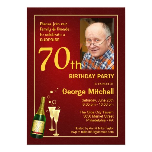 Personalized 70th Birthday Party Photo Invitations (front side)