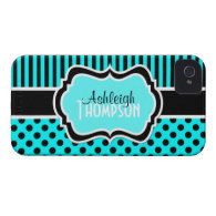 Personalized Aqua, Black, White Striped Polka Dots iPhone 4 Case-Mate Case