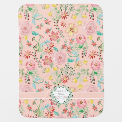 Personalized Baby Girl Watercolor Floral Dragonfly Stroller Blankets