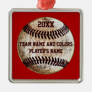Personalized Baseball Ornaments, Your Colors, Text Square Metal Christmas Ornament