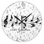 Personalized black and gray musical notes round clocks