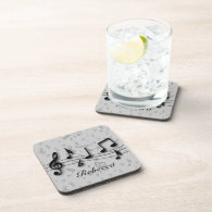 Personalized black and gray musical notes beverage coasters