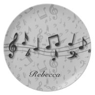 Personalized black and gray musical notes dinner plate