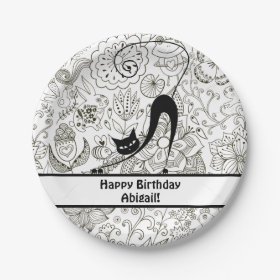 Personalized Black and White Cat Birthday Plates 7 Inch Paper Plate