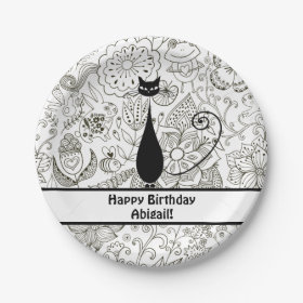 Personalized Black and White Cat Birthday Plates 7 Inch Paper Plate