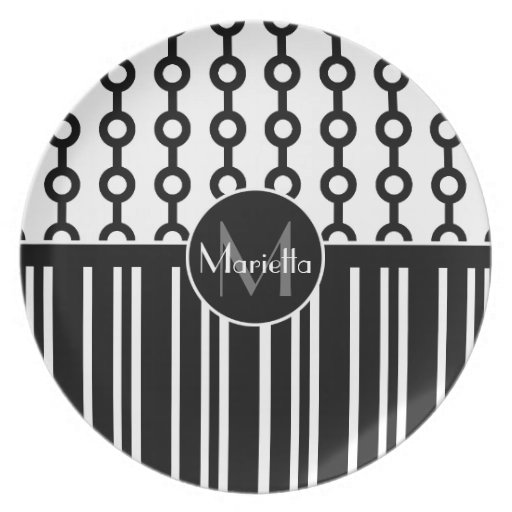 Personalized Black and white circle and stripes Plates