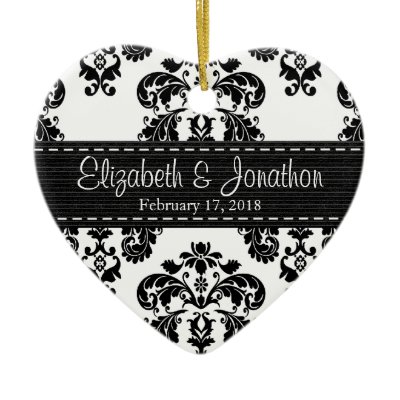 Personalized Black and White Damask Wedding Favor Christmas Tree Ornaments