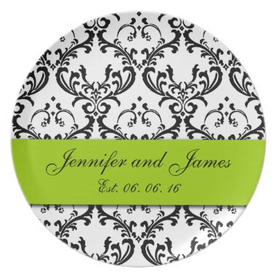 Personalized Black and White Damask Wedding Keepsake Plates with bride and