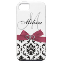 Personalized Black Damask Pink Bow Diamond Hearts iPhone 5 Cover