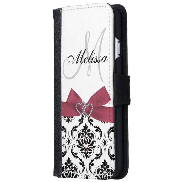 Personalized Black Damask Pink Bow Diamond Hearts iPhone 6 Wallet Case