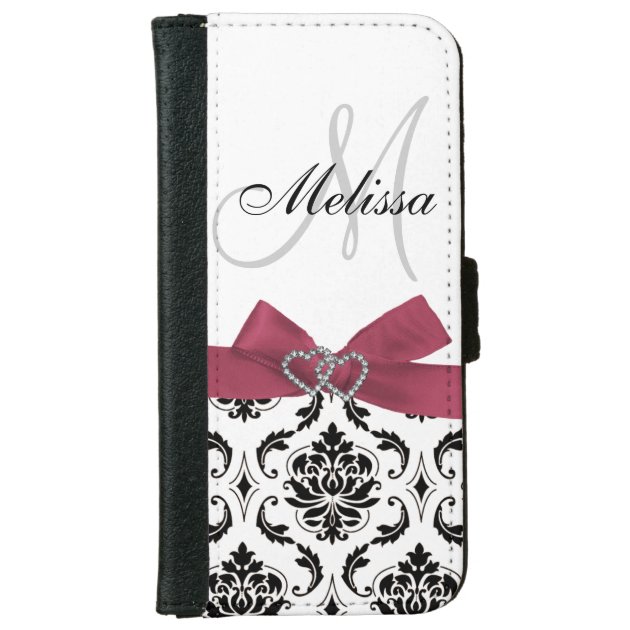 Personalized Black Damask Pink Bow Diamond Hearts iPhone 6 Wallet Case