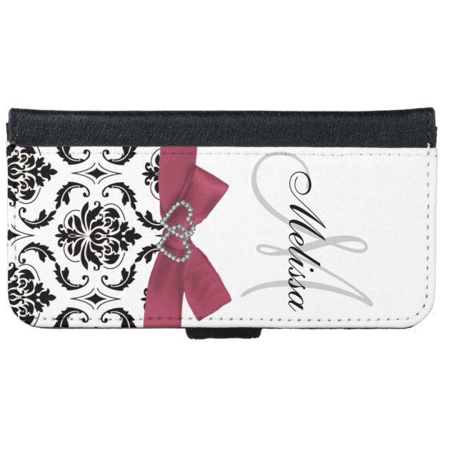 Personalized Black Damask Pink Bow Diamond Hearts iPhone 6 Wallet Case-4