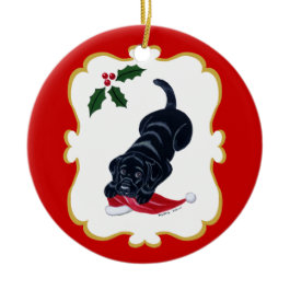 Personalized Black Lab Puppy with Santa Hat Christmas Ornaments