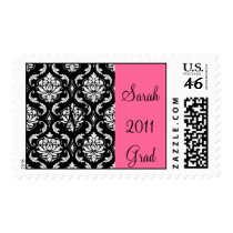 Personalized Black Pink Damask Graduate Postage