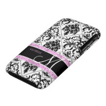 Personalized Black & White Damask with Monogram iPhone 3 Case