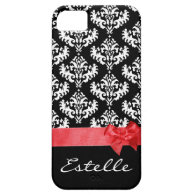 Personalized Black and white damask with red ribbon bow iPhone cases