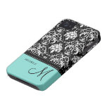 Personalized black & white damask with teal blue iPhone 4 cases