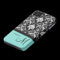 Personalized black & white damask with teal blue casemate cases